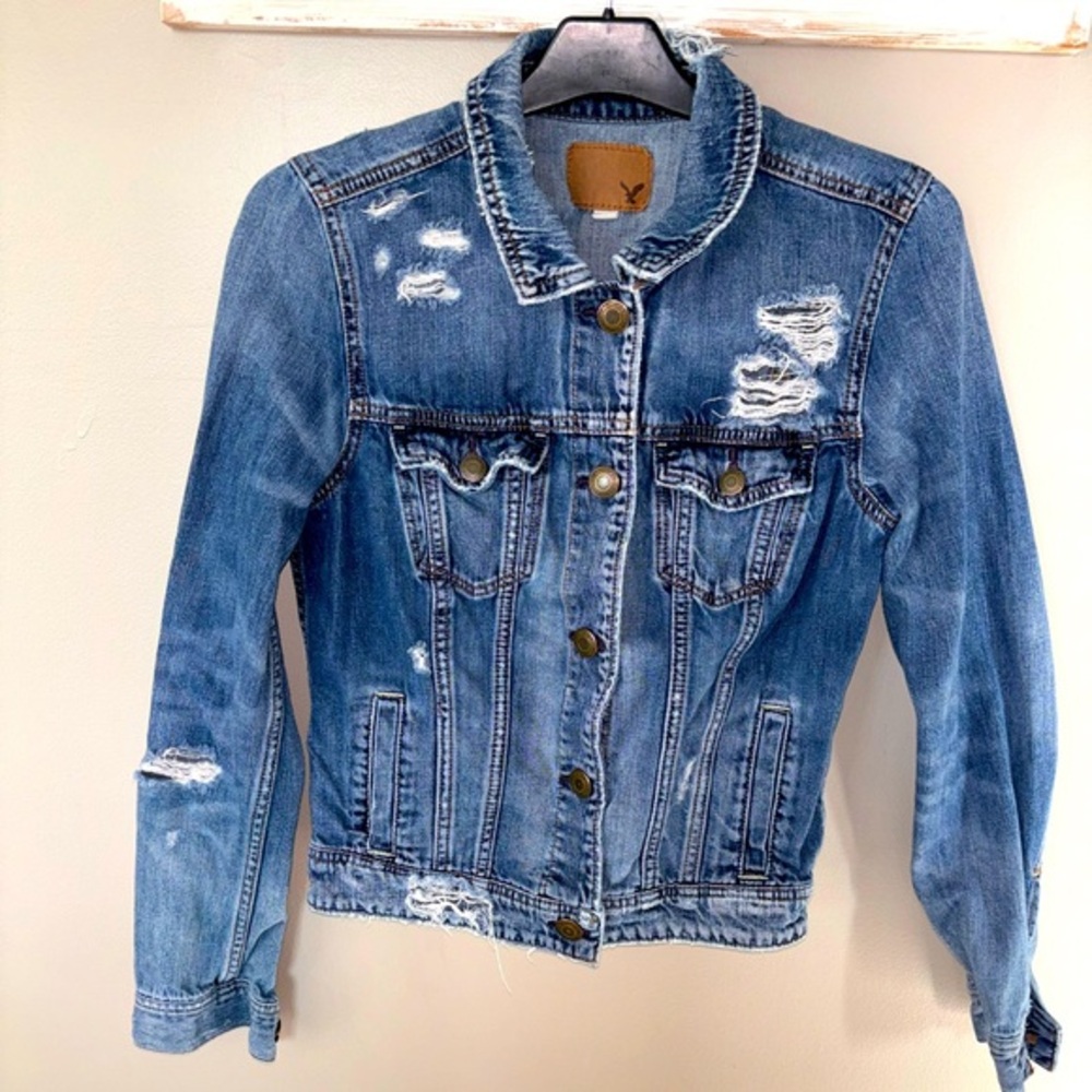 American Eagle Denim Jean Jacket Women’s Small Distressed Punk Edgy